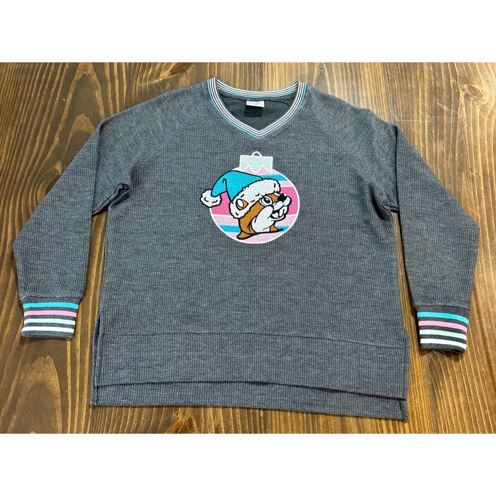 BUC-EE'S Sweater Womens XS Gray Ribbed V Neck Holiday Beaver Graphic - Picture 3 of 10